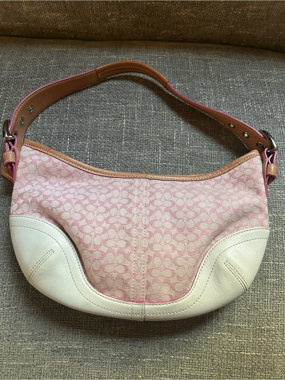 Coach Pink Signature Canvas Hobo with Cream Leather Trim